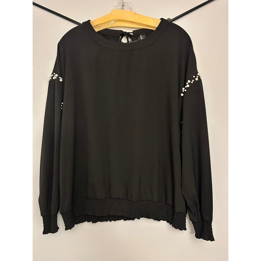 Colleen Lopez Black Pearl Embellished Blouse Smocked Hem Keyhole Back Large